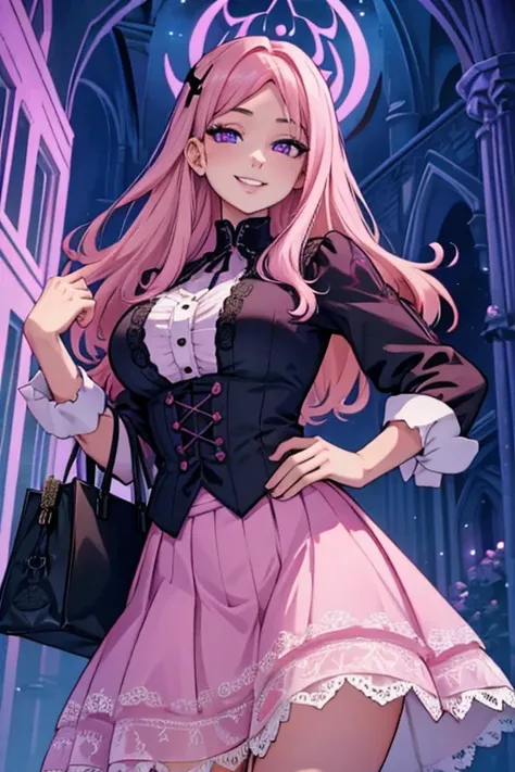 Perfect face. Perfect hands. A pink haired woman with violet eyes and an hourglass figure in a blouse and lace skirt is holding a bag of souvenirs with a big smile in a Gothic castle