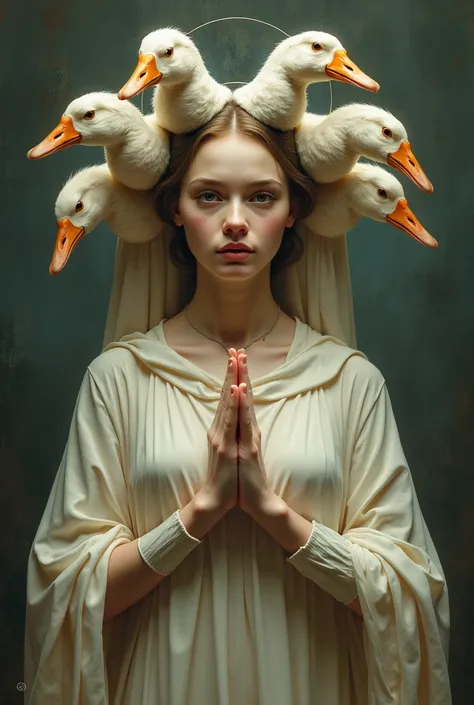 image,  surreal , Virgin Mary, modern, young, picture, 5-headed goose