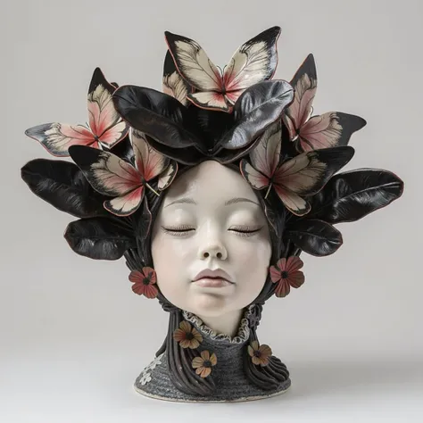  mask sculpture of a girl with closed eyes and butterfly hair, No of hair only butterflies , only the neckless head , flat on the back to put on the wall, simple sculpture not as elaborate as if it were abstract similar to the one in the image