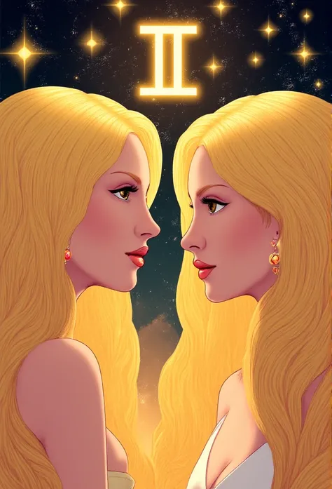 (masterpiece, Ultra-detailed, Cinematic Quality, Physically Based Rendering, 8k resolution, Fantasy Wallpaper), (Representation of the zodiac sign Gemini in the form of twin women:2.0), (Stylized illustration of two blonde twin women, their elegant profile...