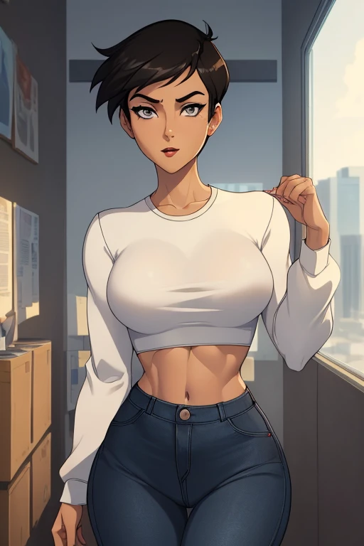 ((ultra quality)), ((masterpiece)), Lois Lane, short stature, ((black short hair tomboy hairstyle)), (Beautiful face), (beautiful female lips), (), charming, ((sexy facial expression)), looks at the camera, eyes slightly open, (light skin color), (light sk...