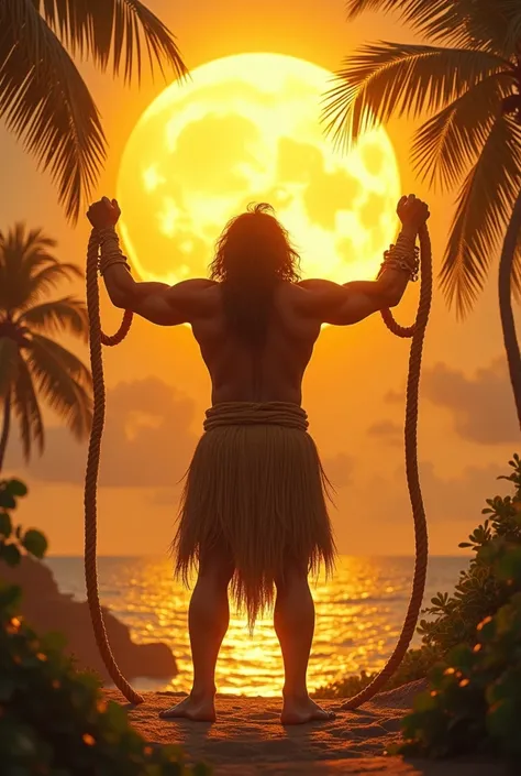 Maui captured the sun, forcing it to slow its journey and grant longer days for his people."
Maui, holding the sun tightly with his magical rope, mythical Polynesian era, glowing sun radiating golden light, tropical landscape with palm trees and distant oc...