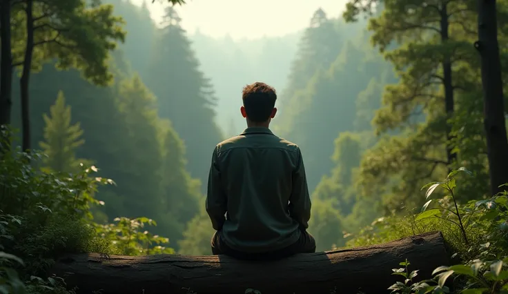 a man sitting with back to viewer, looking forward into a vast, lush forest, detailed foliage, photorealistic, 8k, highly detailed, cinematic lighting, dramatic shadows, rich color palette, warm tones, serene atmosphere, beautiful landscape