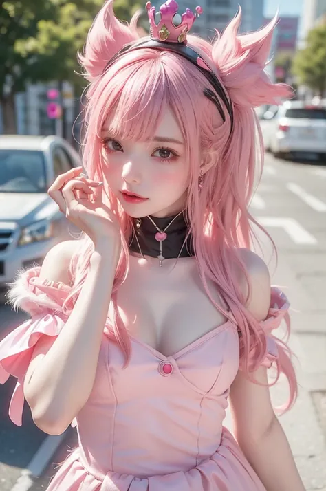  with a Crown,  in punk costume , Wearing a crab-punk costume,  anime girl cosplay, cyber goth, Pink Haired Girl in Punk Dress , kerli koiv womens walking tour,  1  anime goth girl ,   photo of Belle Delphine ,  anime cosplay , with pink hair,  real-life a...