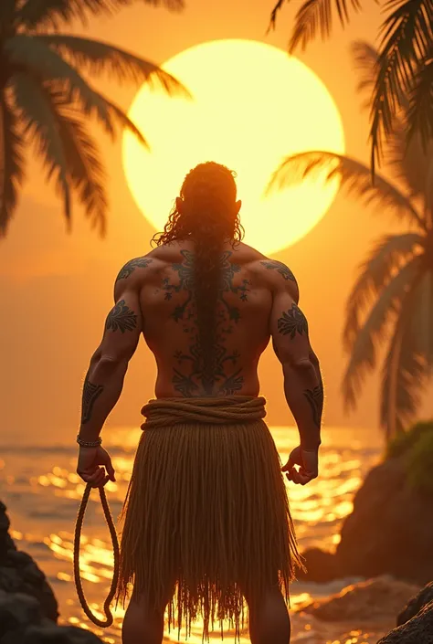 Maui captured the sun, forcing it to slow its journey and grant longer days for his people."
Maui, holding the sun tightly with his magical rope, mythical Polynesian era, glowing sun radiating golden light, tropical landscape with palm trees and distant oc...