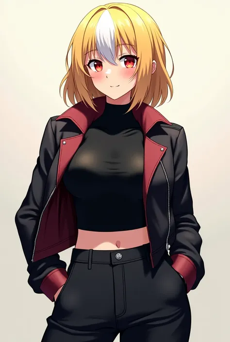  My character blonde hair with a white patch on the fringe part .  The hair length is medium .  she has red eyes .
 Her outfit consists of a black long-sleeved shirt and a biker jacket,  that go up to the height of the rib .  The jacket is a slightly light...