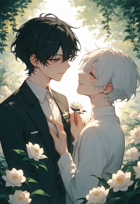 ((Two intimate guys :1.5)),  perfect face,   beautiful face,  Highly Detailed Faces，( man with short black hair :1.3)，(Man with short white hair :1.3)，suit、smile、Many flowers in the background