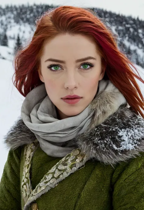 Red hair, green eyes, amber heard, pixie, Russian winter clothes worn in deep snow.Winter, Ural mountains