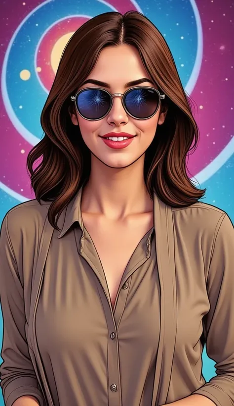 A modelo está usando óculos de sol de vidro com estrelas e a"An adult American woman in a comic book style, with realistic and elegant features. She is dressed in discreet, casual attire, such as a neutral-colored blouse and simple cardigan, appropriate fo...