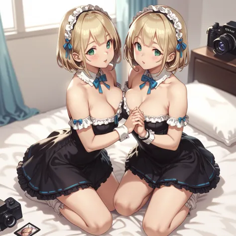 2 girls, twins, one with short blond hair and green eyes ,  the second with long blond hair and blue eyes , breasts,  wears tight black dresses with bare shoulders,  white ruffle socks ,  kneeling on a bed , pressed together ,  from above,  looking at the ...