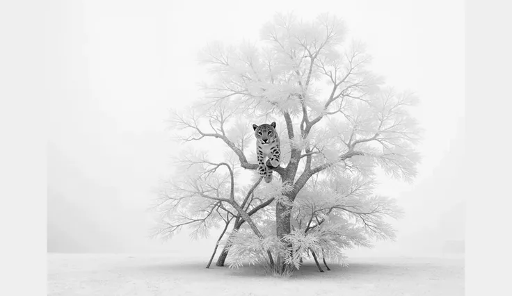 A snow lepard in a lush forest, dramatic cloudy sky, snowy landscape, (best quality,4k,8k,highres,masterpiece:1.2),ultra-detailed,(realistic,photorealistic,photo-realistic:1.37),black and white,highly detailed,cinematic,dramatic lighting,moody atmosphere