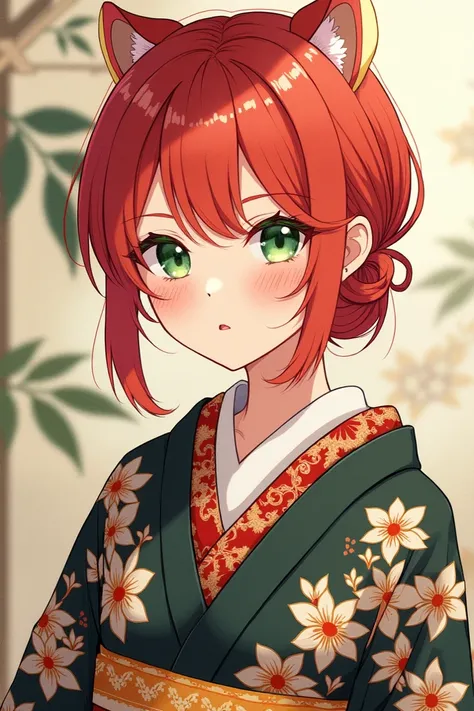  An ancient and traditional Japanese art of a young woman wearing a kimono,  with red hair with yellow tips ,  green eyes, calm and adorable face  