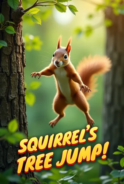 An action-packed image of a squirrel mid-air, jumping between two trees as part of an intense challenge. The squirrel looks agile and determined, with its paws outstretched and focused on the jump. The background is filled with vibrant green leaves and bra...