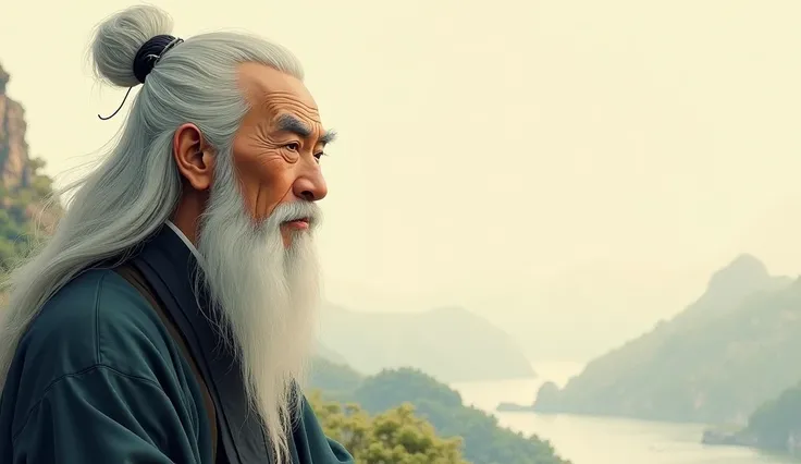 profile of an asian wise master with long hair and a white beard, gazing at the horizon - a sober and calm profile, set in the era of taoism.