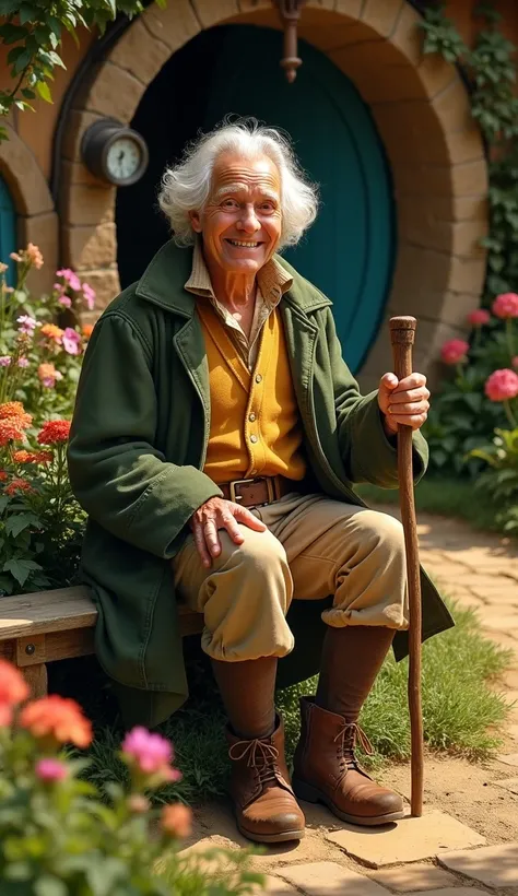 A portrait of Bilbo Bolsón in his prime, sitting on a bench outside his hobbit hole. He is smiling warmly, holding a walking stick, and surrounded by blooming flowers and a well-tended garden. Despite his advanced age, he looks remarkably youthful, with br...