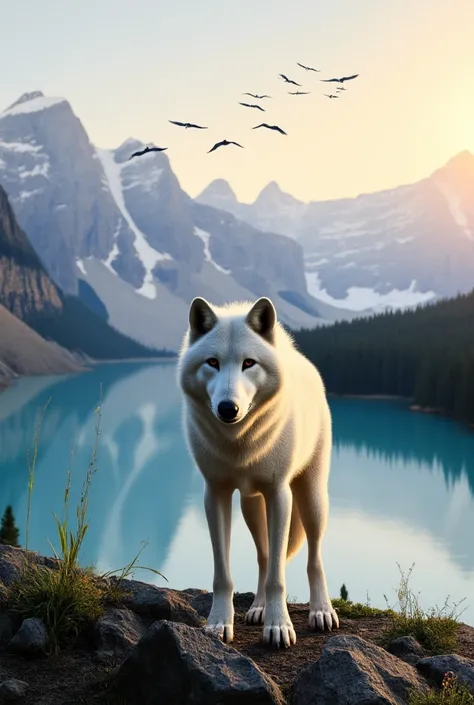 "A photorealistic scene of a serene mountain landscape at sunrise. In the foreground, a majestic white wolf with silver highlights stands on a rocky ledge, facing forward. The background features a calm blue lake reflecting snow-capped mountains. A flock o...