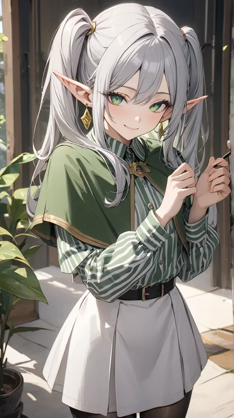 (masterpiece), best quality, absurdres, very aesthetic, nice hands, 1 girl,zzFrieren, long hair, smile,  twintails, green eyes, grey hair, pointy ears, elf, zzFrieren, long hair, twintails, green eyes, grey hair, pointy ears, elf, shirt, long sleeves, jewe...