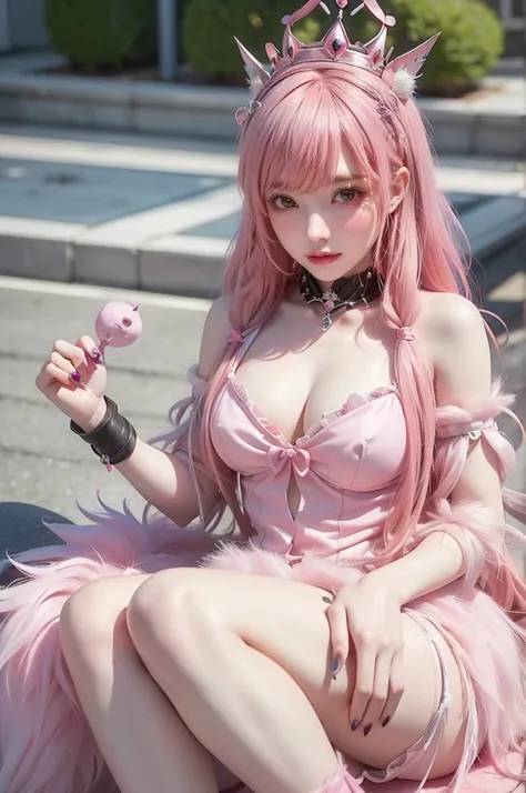  with a Crown,  in punk costume , Wearing a crab-punk costume,  anime girl cosplay, cyber goth, Pink Haired Girl in Punk Dress , kerli koiv womens walking tour,  1  anime goth girl ,   photo of Belle Delphine ,  anime cosplay , with pink hair,  real-life a...