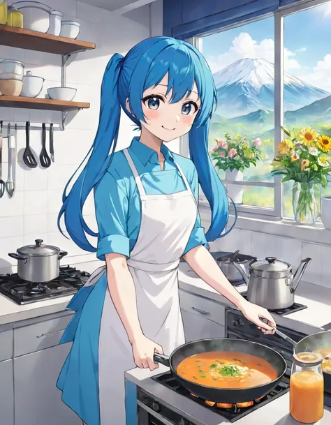  anime light blue long hair 、 Beautiful Girl with Twin Tails 、smile、Wearing an apron、cooking in a kitchen with a pot of soup, cooking, , Cute Anime girl,  bright kitchen standing in front of a pot、You can see snowy mountains from outside the window 、 lots ...