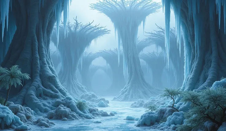  A hyperrealistic scene of a  "icy jungle " Intricate, YOU CANT SEE ANYTHING GREEN , THE PLANTS ARE WHITE AND ICY ,  SEEN FROM AN ANGLE GREATER THAN 30 METERS HIGH ON A COMPLETELY DIFFERENT ALIEN EXOPLANET.  THE JUNGLE IS MADE UP OF EXOTIC PLANTS ,  FROZEN...