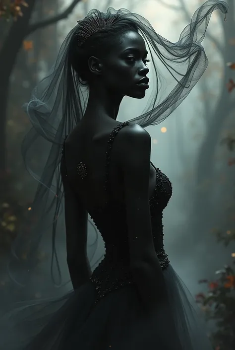 
Create a skinny and sensual black goddess with a veil on her face