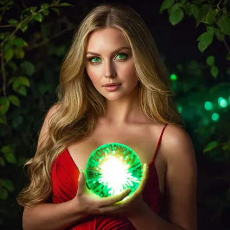 Voluptuous woman, dirty blonde hair, long hair, green eyes, holding a glowing golden orb, night time, red dress, High Resolution, High Details, Glowing Light, 