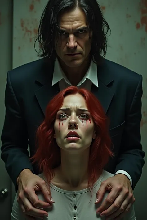 28-year-old woman,  red hair, green eyes, Angst,  anxious , Cry grief, tied up. 38 year old man ,  black longer hair,  brown eyes, Men&#39;s suit, evil, grim, Roughly 