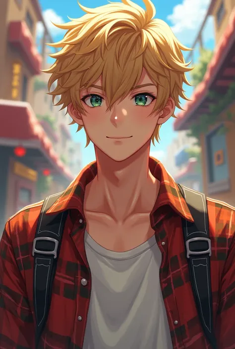 Young white man with plaid shirt and blond hair in anime features where I play 