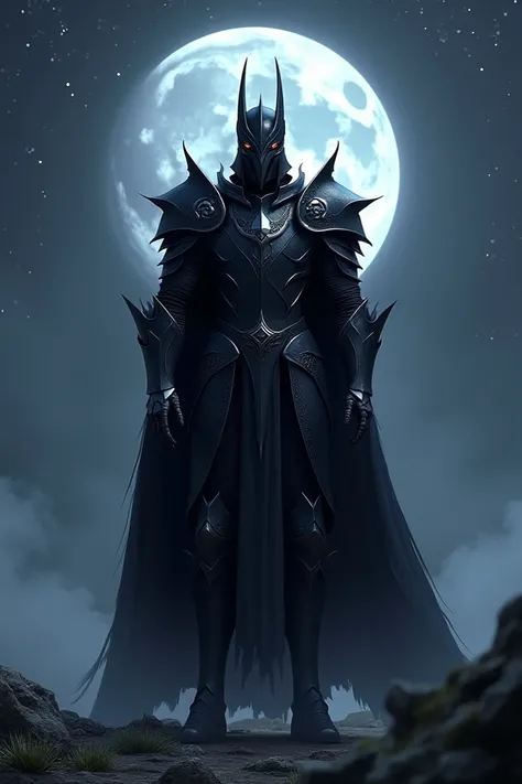 Create a raven-style knight with black armor under the moonlight
