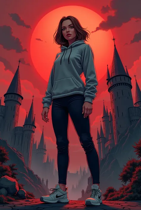 In a modern comic book style, standing against a backdrop of a dark, ominous castle and a crimson sky, Wexa is tall, standing at 185 cm. Her physique is athletic and harmoniously built through years of training. She has medium-length chestnut brown hair an...