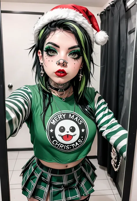 Punk trad goth goth subculture Trad goth girl punk makeup post punk A girl with black hair and green and white striped sleeves takes a selfie in the mirror. She wears a green blouse, a red and green plaid skirt and a green Santa hat, and has piercings in h...