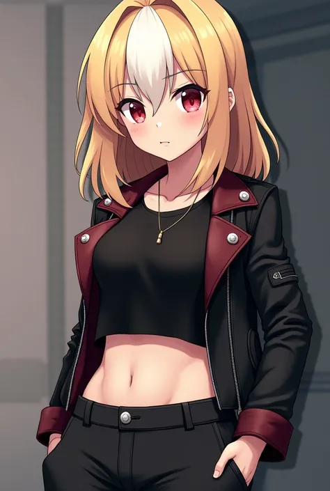  My character blonde hair with a white patch on the fringe part .  The hair length is medium .  she has red eyes . 
 Her outfit consists of a black long-sleeved shirt and a biker jacket,  that go up to the height of the rib .  The jacket is a slightly ligh...