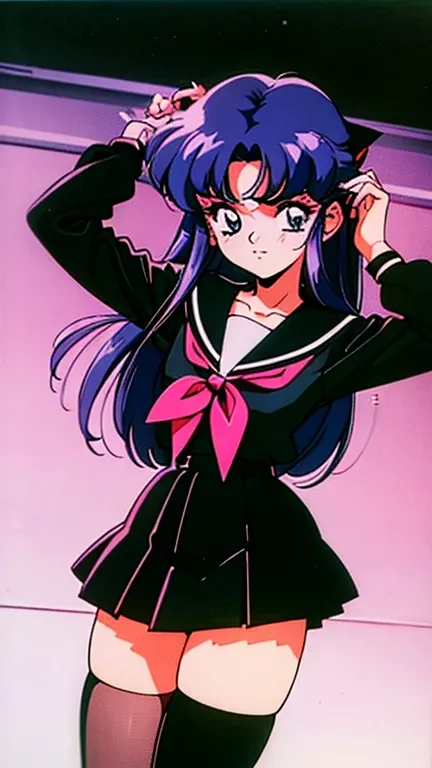 1girl, cute, beautiful, sexy, young, loli, lolita, emo, depressed, goth girl, gloomy unique, high-school, wearing school uniform, high-quality, good anatomy, 1990s anime, retro artstyle