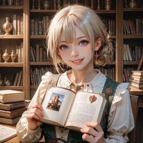 score_9, score_8_up, score_7_up, score_6_up, score_5_up, score_4_up, hires, masterpiece, Medieval, Adventurers Guild reception, 1girl, smile, documents, bookshelves, looking at view,