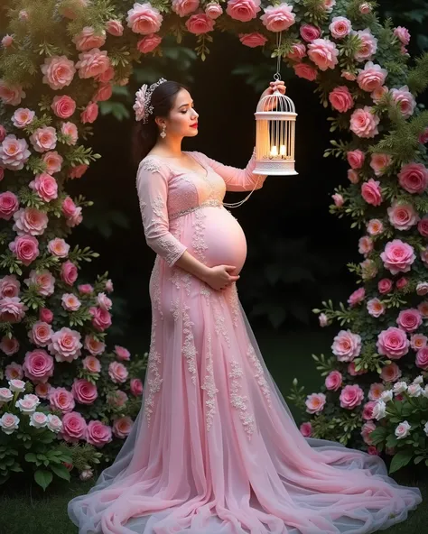 pregnant woman in pink gown holding bird cage in front of floral arch, a picture by Gabriel Ba, pixabay, baroque, maternal photography 4 k, wearing pink floral gown, dressed in a pink dress, lady with glowing flowers dress, wearing a pink ballroom gown, pr...