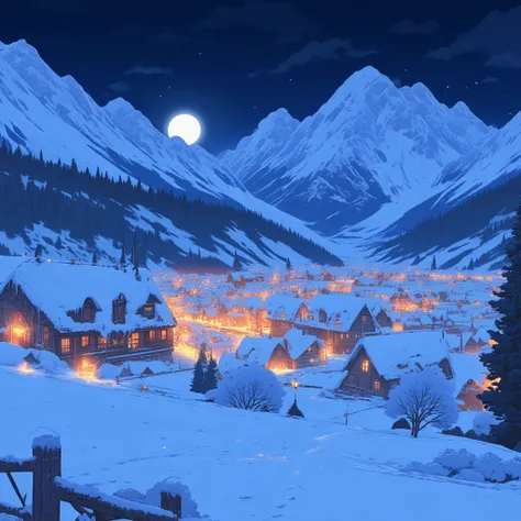 ((high quality)), ((masterpiece)), ((high)y detailed)), a village full on snow, at night, 8k, 4k, UHD, high resolution