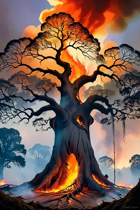 Fires raging around the roots of a towering oak. World tree, forest, fire