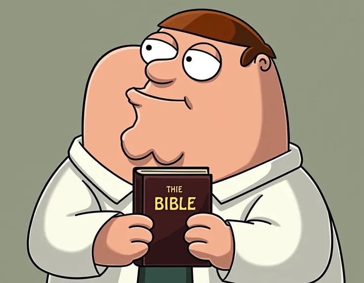 Based on the character reference, create a cartoon image in the style of Family Guy holding a bible in his hand with the same clothes as the reference image