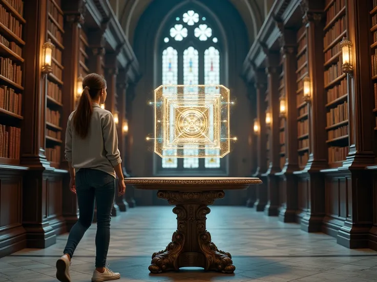 An ultra-realistic, cinematic photograph capturing the moment a woman approaches a floating tesseract in the center of an ornate table. The woman, with light brown hair tied back in a casual bun, is wearing a light gray off-white blouse, fitted jeans, and ...