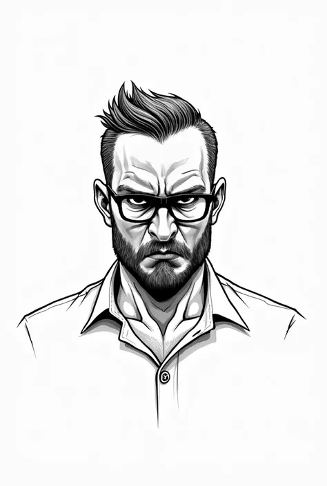 Simple line drawing depicting a man with short, side slicked hair and shaved sides, full beard, mustache, browline glasses and a bitter scowl on his face