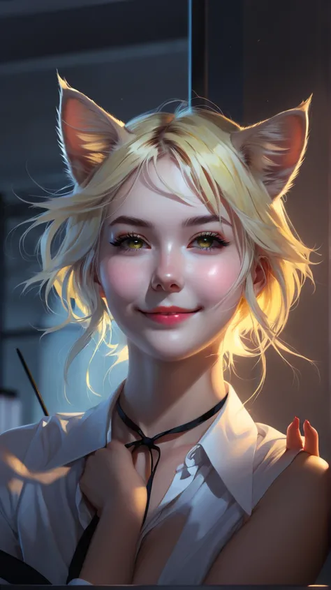 nsfw, masterpiece, (best quality:1.2), (sharp focus:1.2),, 1 girl, slim girl,, (blonde|light_yellow hair), cat ears,, detailed face, young|cute face, blush, evil smile,, natural breasts, thin arms,, white collared shirt with black tie, black choker,, in a ...