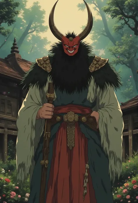 A detailed anime-style illustration featuring an Oni in a mystical and atmospheric setting. The character design includes traditional Japanese elements, such as a fearsome red mask, sharp horns, and intricate armor with tattered, flowing fabrics. The color...