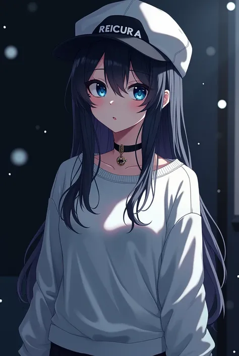 a beautiful anime girl, gothic style, with a well-proportioned body, wearing a white sweatshirt with a cap, glasses, shades in dark blue and black, a piercing on the right eyebrow, polka dots, dark gothic background, dark, shadow