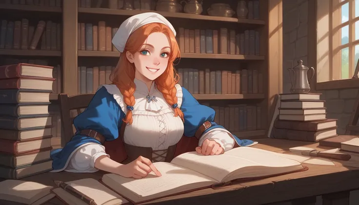 score_9, score_8_up, score_7_up, score_6_up, score_5_up, score_4_up, hires, masterpiece, Medieval, Adventurers Guild reception, 1girl, smile, documents, bookshelves, looking at view, game event still,