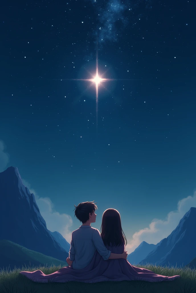 A girl and a boy sitting on the hill in the background can be seen mountains .  They look closely at the stars embracing each other and with a blanket over their legs .  In the middle of the image he puts the brightest star in large print and in the dark s...