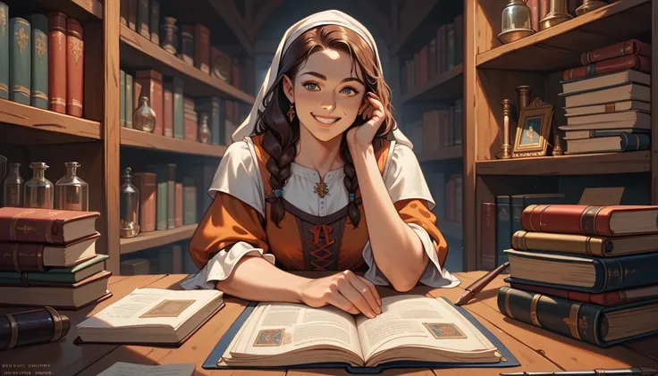 score_9, score_8_up, score_7_up, score_6_up, score_5_up, score_4_up, hires, masterpiece, Medieval, Adventurers Guild reception, 1girl, smile, documents, bookshelves, looking at view, game event still,