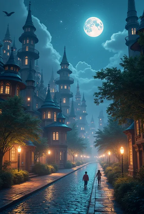  A magical city illuminated by floating lights at dusk .  The streets are full of buildings of fantastic architecture ,  with towers that rise to the sky ,  spiral roofs and glowing windows .  The streets are cobbled and decorated with ethereal lights that...