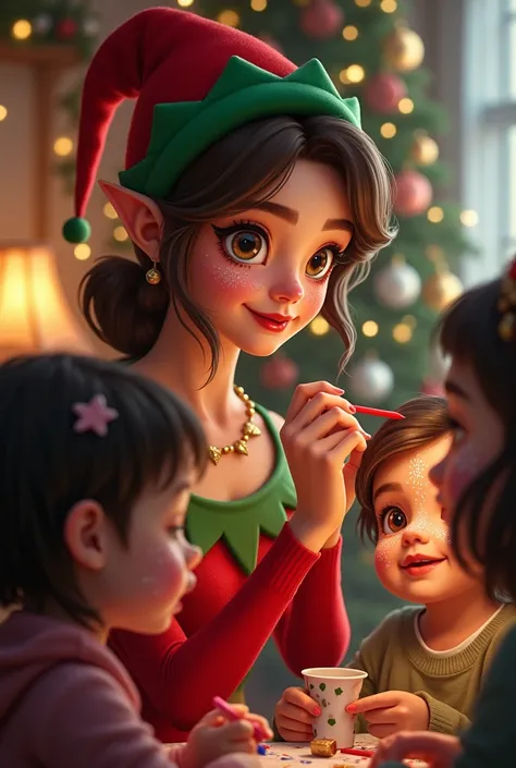 Lutin de noël femme brune qui maquille des enfants