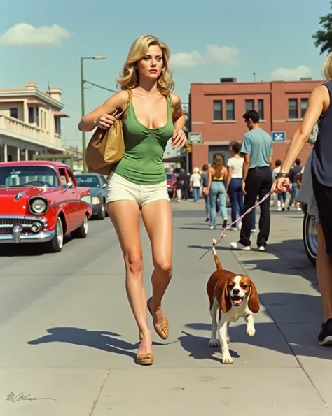 The photo shows a young woman standing on the street with a small dog on a leash. The woman is wearing a very short green dress and holding a brown paper bag in her left hand. At the bottom of her shoes, around her feet, are her white panties that have fal...