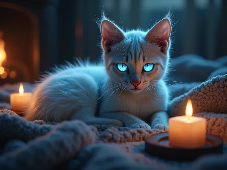  A cat in a cozy environment with a mystical touch, like glowing eyes or an aura .